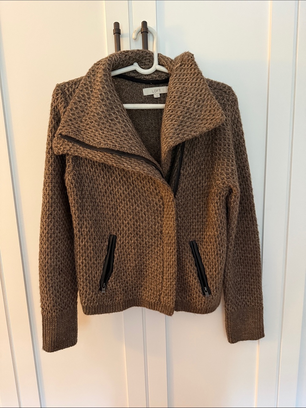 LOFT Brown Textured Knit Zip-Up Bomber Jacket